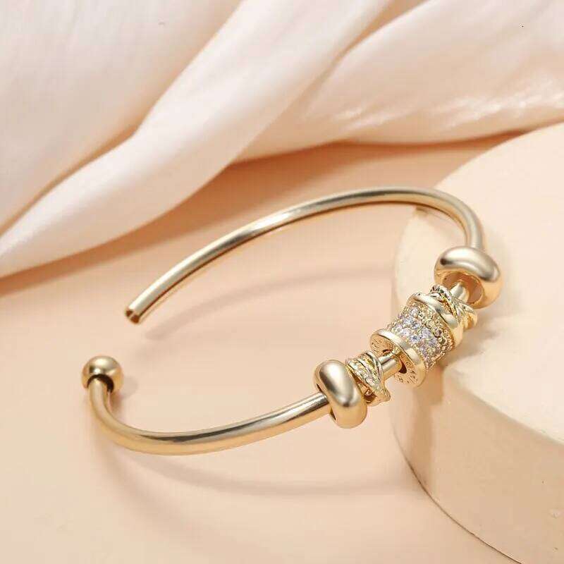 Gold Bangle Copper Material Cubic Zircon Stone Rhodium Plated Size Adjustable Cuff Bracelet Girl Fashion
