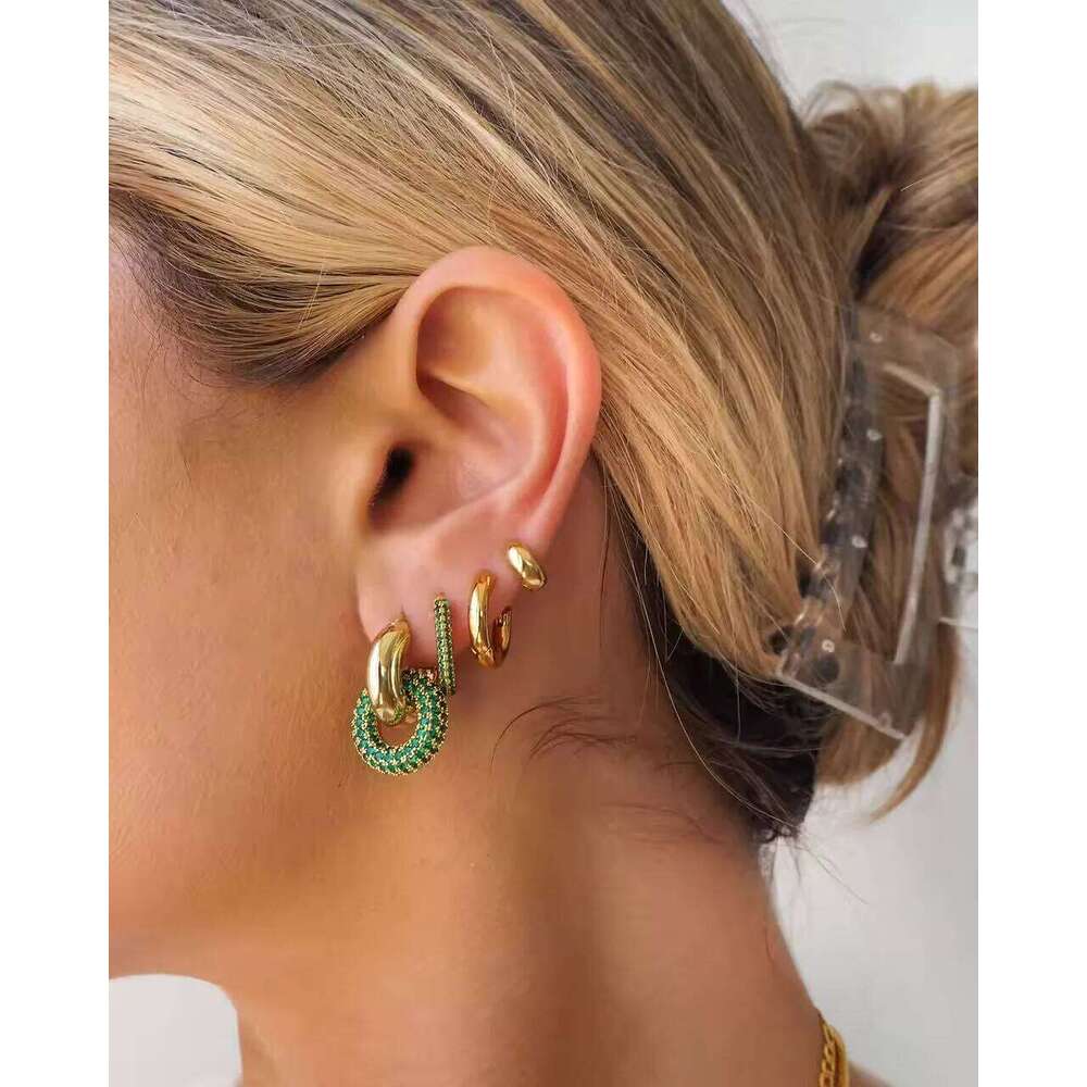 5 Colors White Green Blue Red Cubic Zirconia CZ Geometric European Women Simple Double Circle Dangle Earring