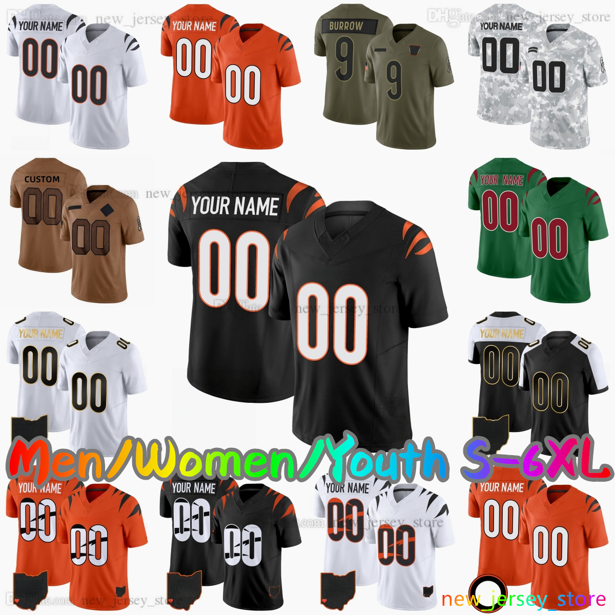 2025 Custom S-6XL DIY 9 Joe Burrow Football Jersey 94 Sam Hubbard 5 Tee Higgins 30 Chase Brown 1 JaMarr Chase 71 Amarius Mims 6 Browning 80 Iosivas Wilson Stitched Jerseys