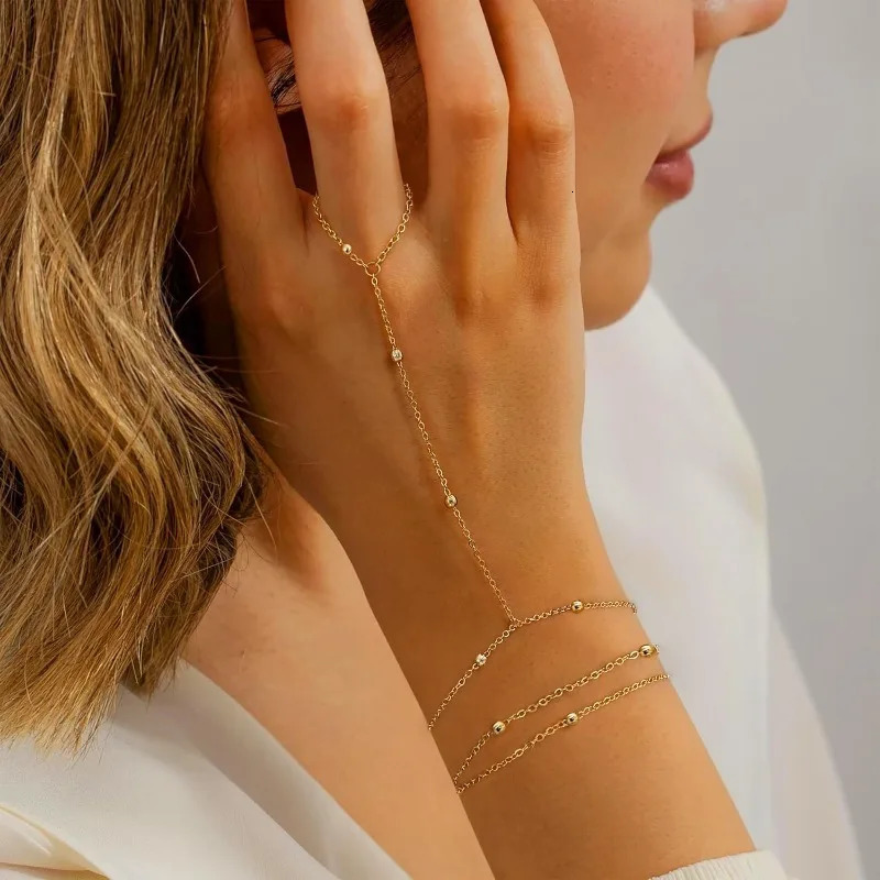 Ring Hand Chain Bracelet for Women Trendy 14K Gold Plated Stainless Steel Bead Satellite Hand Chain Bracelets Jewelry Gift 250922