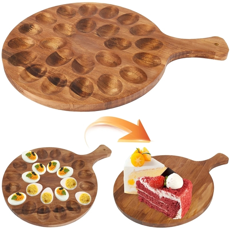 Wood Egg Holder Storage Plate Egg Tray 24 Hold Deviled Egg Platter Holder Round Charcuterie Board Cutting Boards Kitchen Tools 241214bj