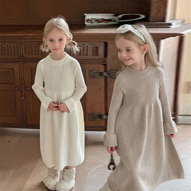 Girls Knitted Dress 2024 Autumn Winter Children Gown Princess Solid Color Vestidos Kids Fashion Sweater Dresses Baby Clothes 250220bj