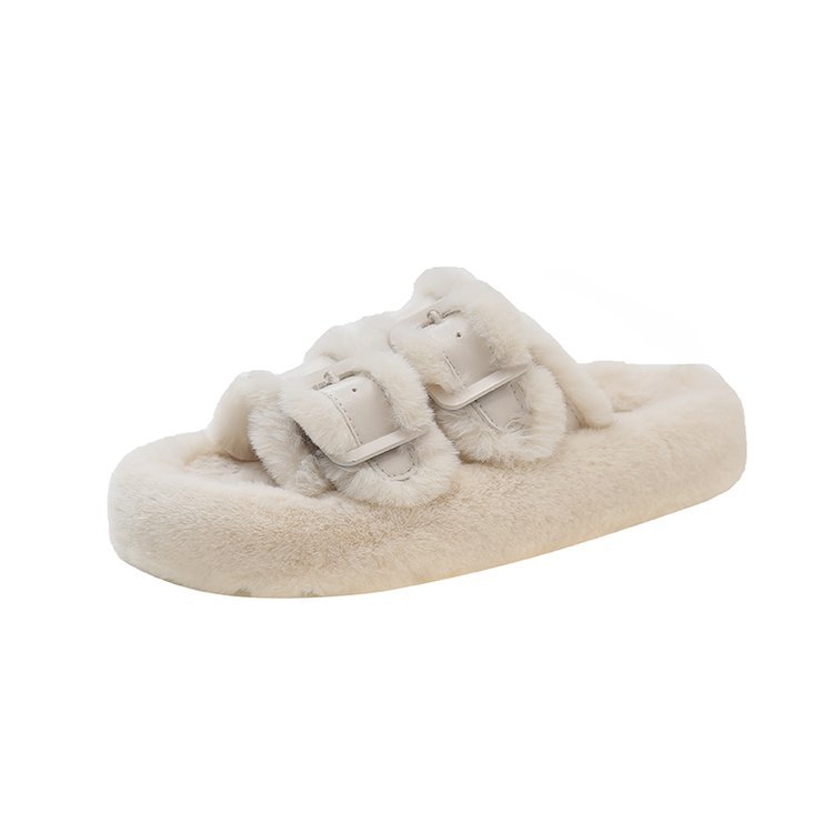 White fluffy slippers with thick soles for women to wear sponge shoes for women new style small fragrance wind plush cotton slippers