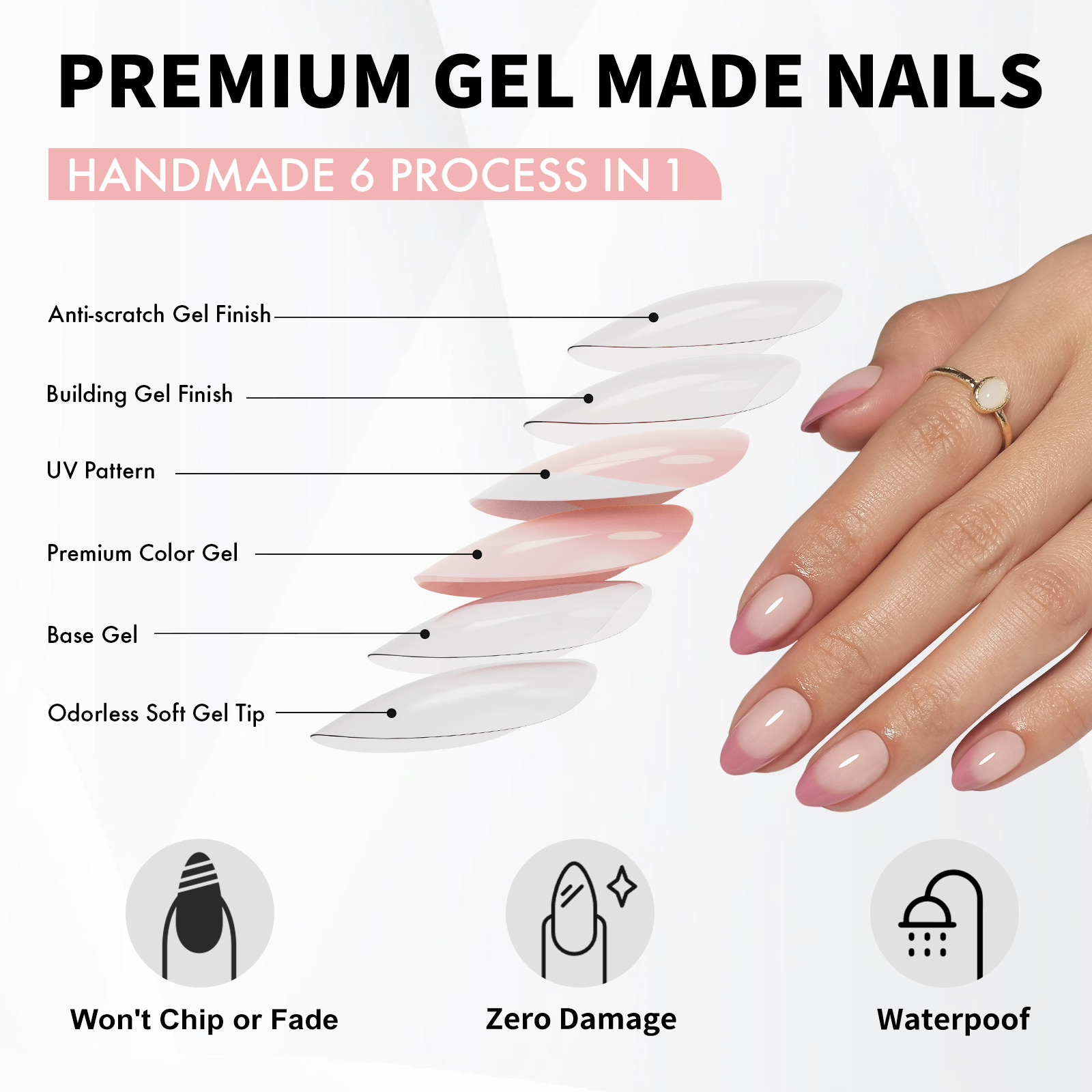 Prune French Press-on Fake Nails - Soft Gel Almond Nails with a Natural and Perfect Fit, 16 Sizes - 32 Reusable Fake Nails