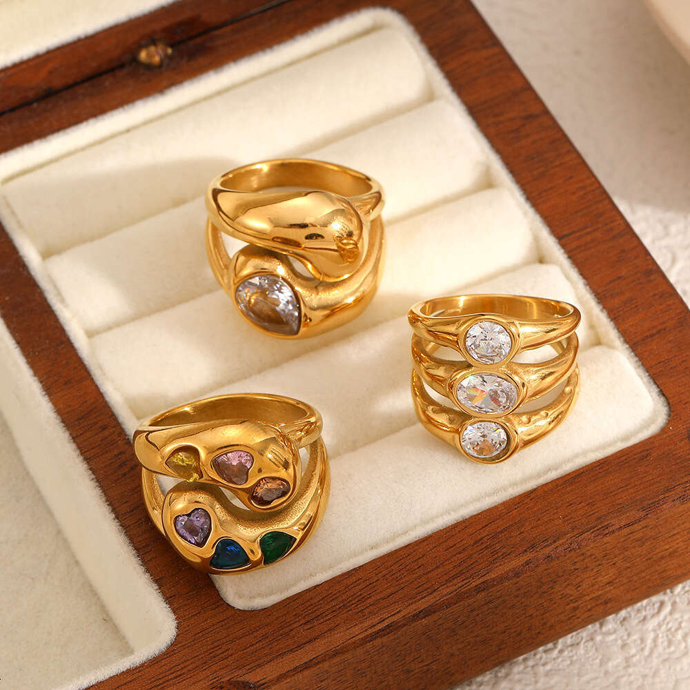 Diamond-encrusted Heart Titanium for Women, Personalized Fashionable High-end Water Drop Shaped Colored Diamond Stainless Steel Ring Jewelry