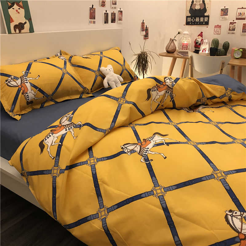 Ins Style Bear Washed Cotton Duvet Cover & Bed Sheets Cartoon Design for Student Dormitory - 3-Piece Simple Four-Piece Bedroom Linen Set W260302