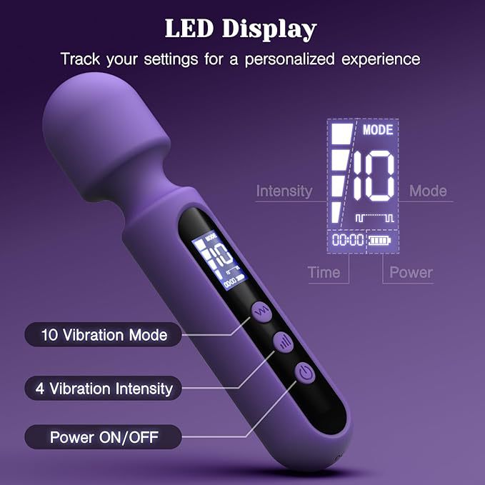 Rod vibrator, equipped with 3 massage heads, LCD display, 10 modes and 4 speeds, full body vibration massager, soft silicone skin, ultimate relaxation