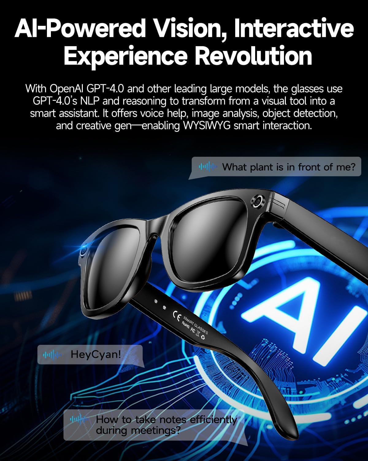 AI Smart Glasses 4K HD Camera, BT Call, 800W Anti-Shake Camera Glasses with Video Recording Dual Mic, Simultaneous Interpretation/GPT Identify Objects