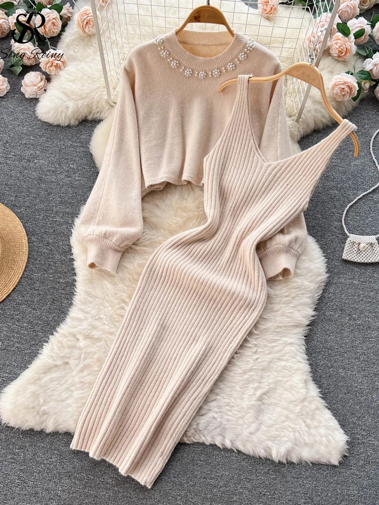 SINGREINY Winter Women Knitted Sets Fashion Breading Long Sleeve Pearl SweaterKnitted Camis Dress Sweater Suits 250818wtt