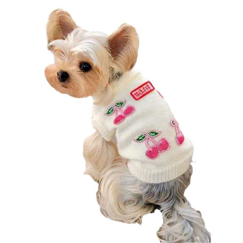 2025 new Designer Pet 3D Pink Cherry embroidered lettering Cat knit sweater Schnauzer West Highland White Dog Clothes Free shipping