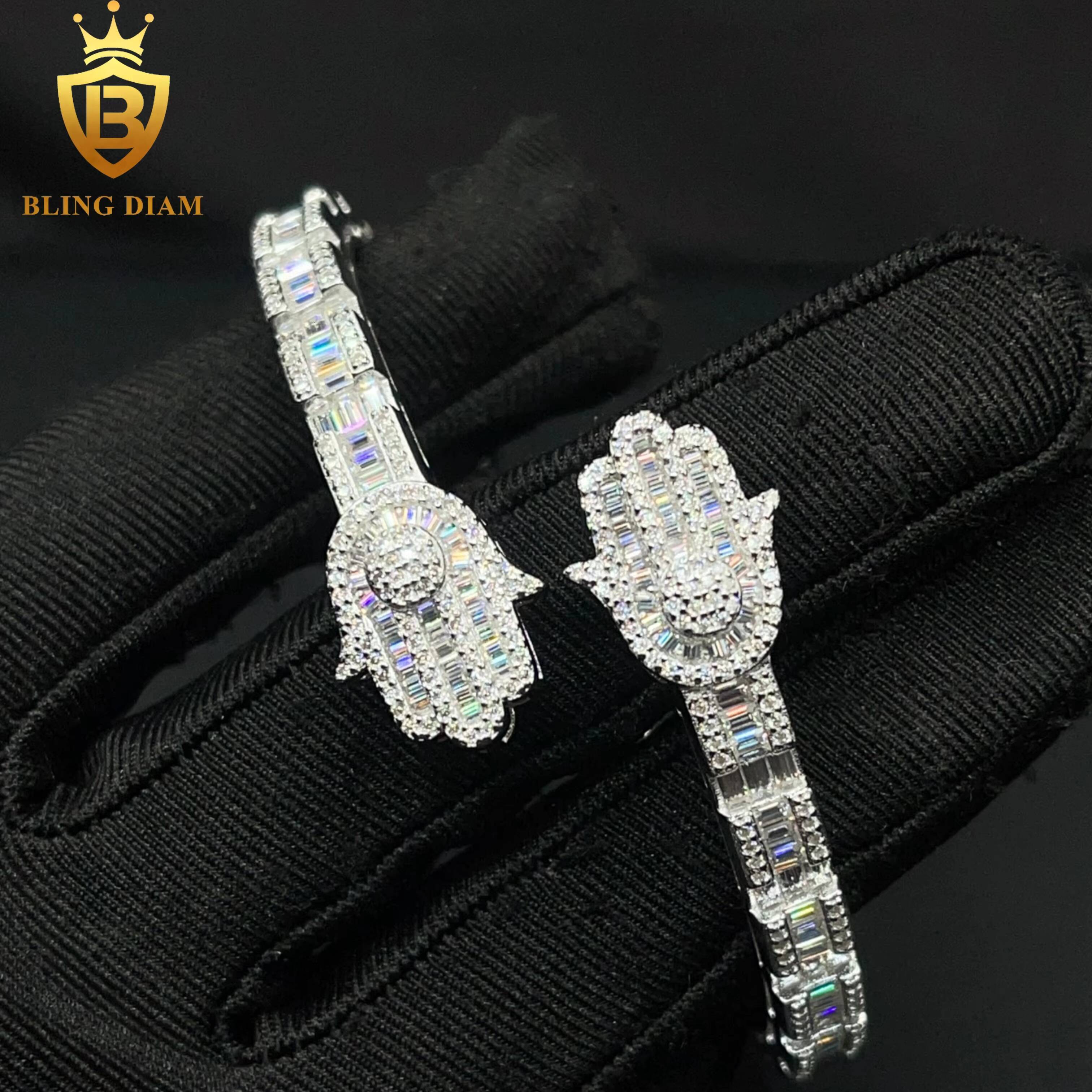 6mm New Hamsa Hand Design Fashion Jewelry Open Bracelet 925 Sliver Iced Out Baguette Moissanite Bracelets