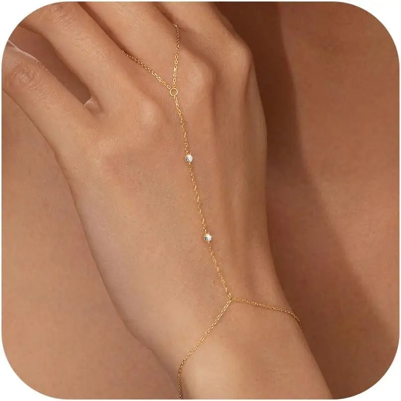 Trendy Women 14K Real Gold Plated Dainty CZ Hand Chain Bracelets Jewelry Ring Bracelet Body Jewelry Gifts for Her Mom Adjustable 250922