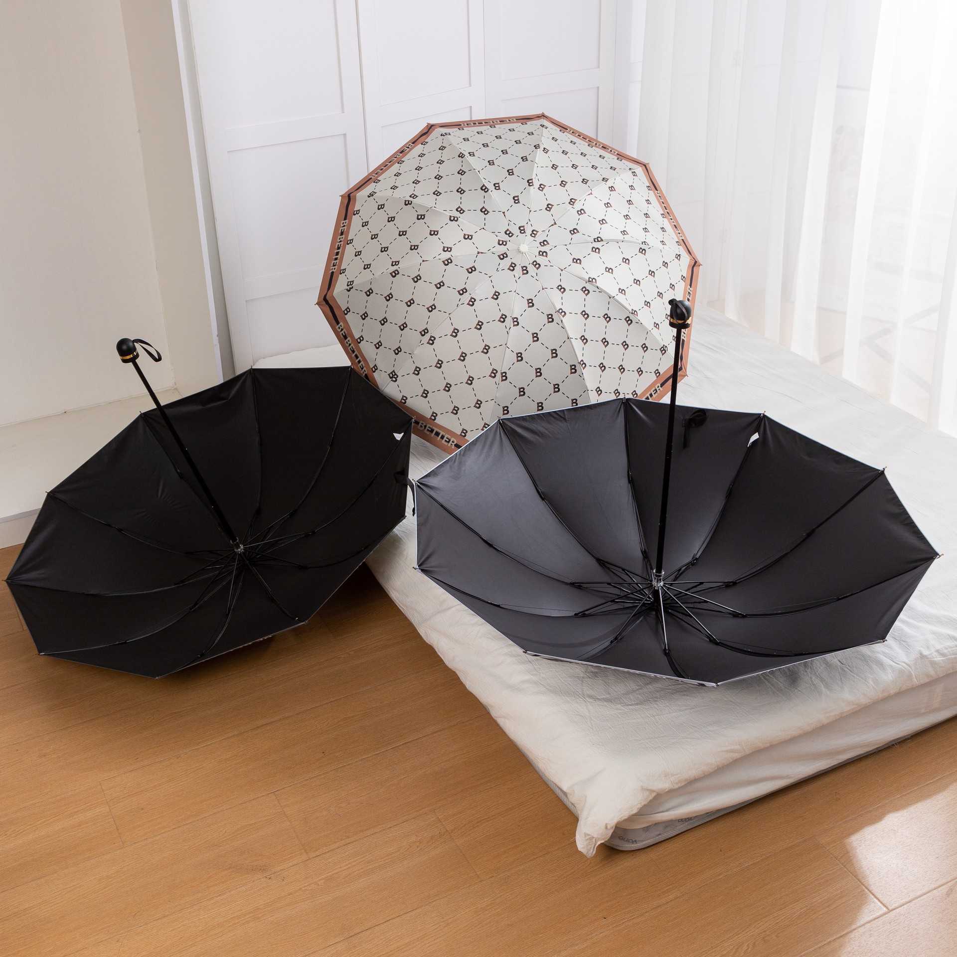 Grid Trendy Sun Umbrella ThreeFold DualUse Folding Umbrella Sunshade Umbrella Black Coating UV Protection Sun Protection Essential C250930