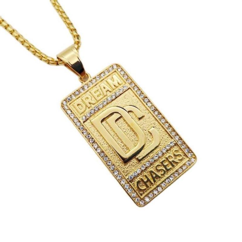 Pendant Necklaces Bling Full Rhinestone Dream Chaser Pendants Men Hip Hop 316L Stainless Steel DC Necklace For Women BLKN0835Penda407872408