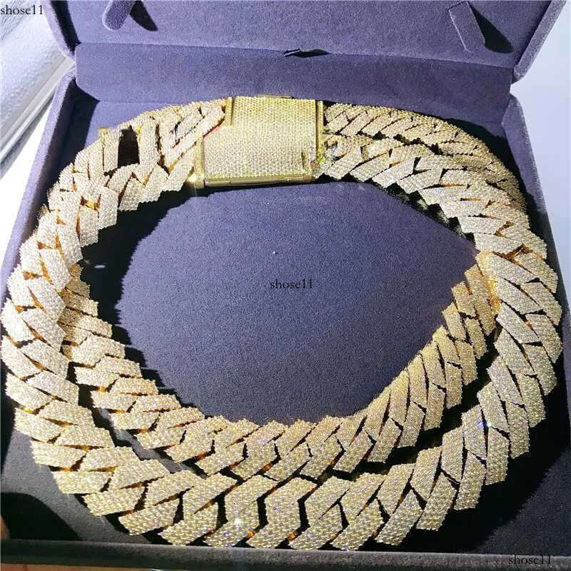 20mm 4 Rows Hand Set Mens Necklace 10k Yellow Gold Vvs Moissanite Dia Cuban Link Chain
