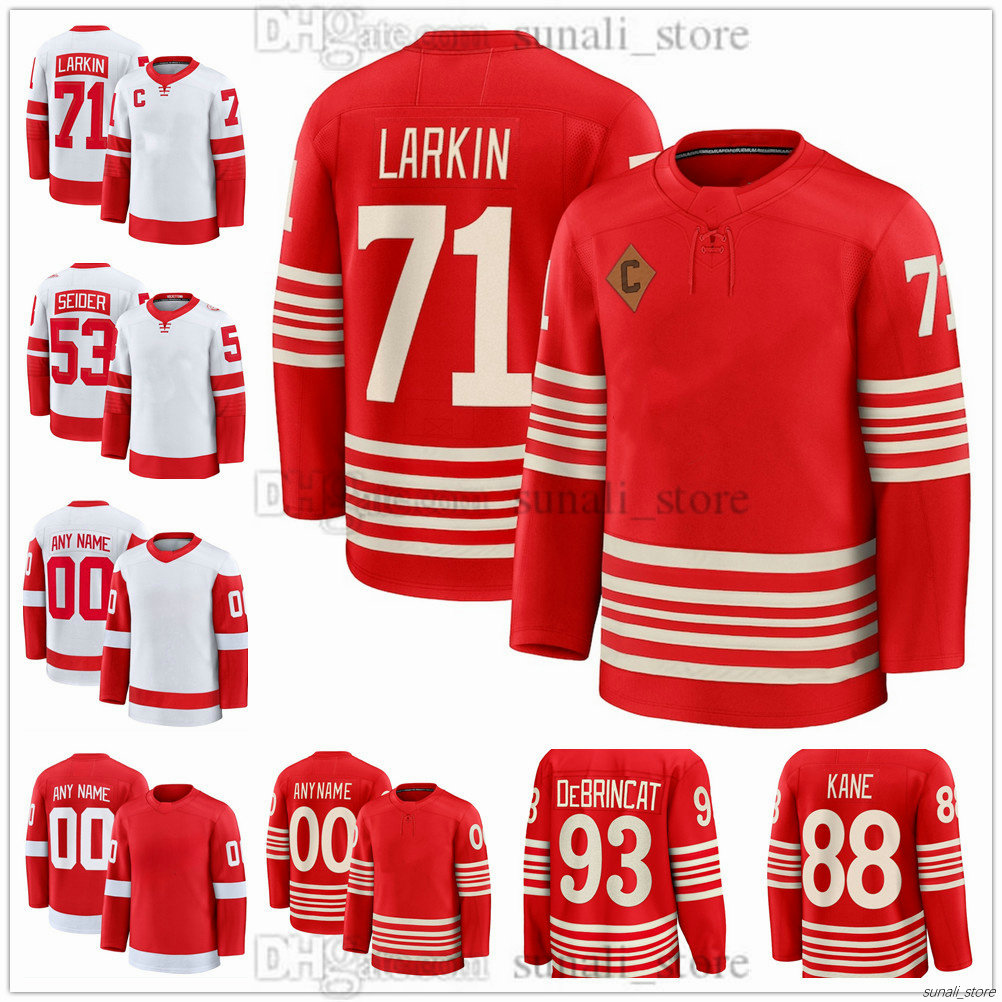Men's 2025-26 Red Centennial Hockey Jerseys 71 DylanLarkin 93 Alex DeBrincat 88 Patrick Kane 53 Moritz Seider 23 Lucas Raymond 6 John Gibson 7 Simon Edvinsson Stitched