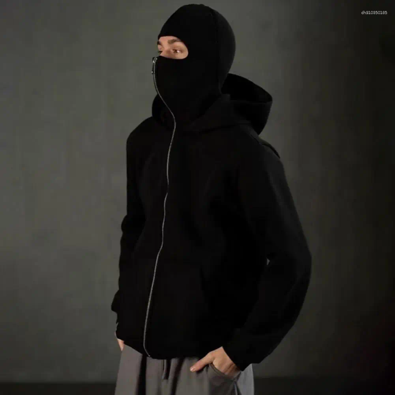 Ozon Men's Hoodies Trendy Solid Color Jacket Hooded Unisex Zip-up Balaclava Hoodie For Winter Outdoor Sports Warm Casual Face Mask Sweatshirt Hip