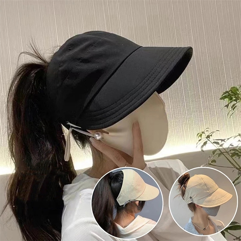 Foldable wide Brim ponytail sun hat with adjustable drawstring cap womens empty top beach hat summer quick drying sun hat 250326