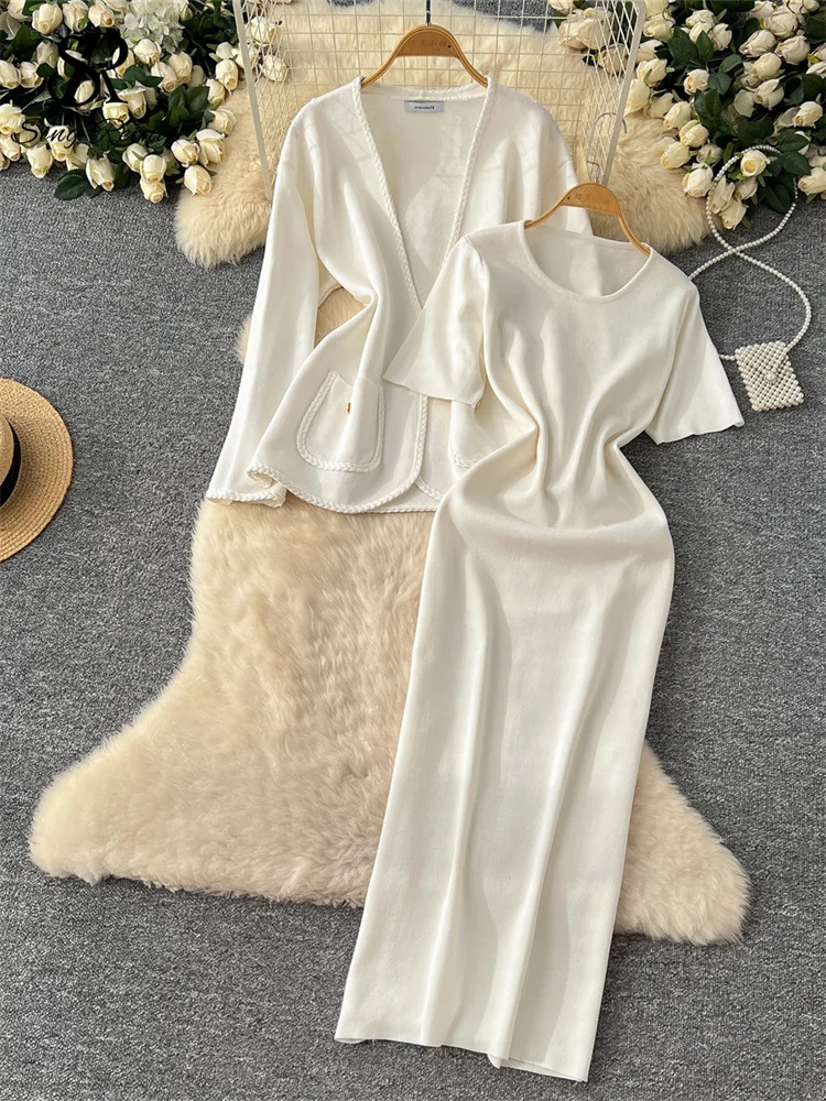 SINGREINY Office Ladies Autumn Knit Suits Long Sleeves Lace Up CardiganO Neck High Elastic Slim Fit Dress Senior Solid Sets 250818wtt