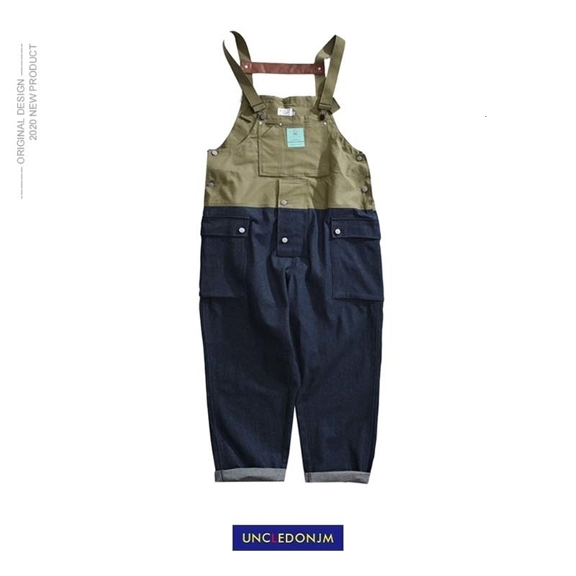 UNCLEDONJM Patchwork Denim Rompers Mens Jumpsuit Cargo Jean Overalls New One piece Suits Romper Loose fit Overalls FZ-7028 201116wtt