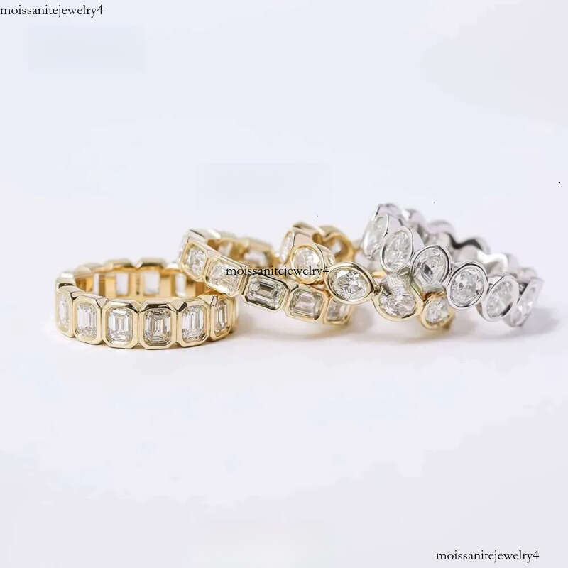Luster Unique Wedding Eternity Band Sier 14k Gold Bezel Set 3x5mm Emerald Cut Moissanite Oval Ring for Women