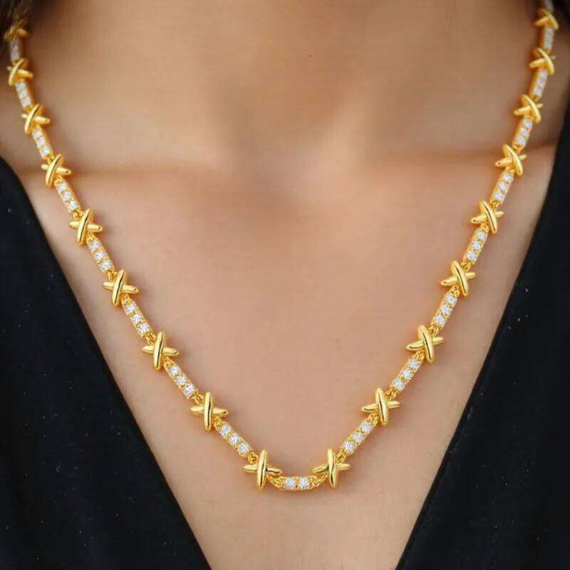 Light Gold Plated Gemma Cubic Zirconia Set for Women Elegant X Cross Choker Necklace Wedding Jewelry Gift