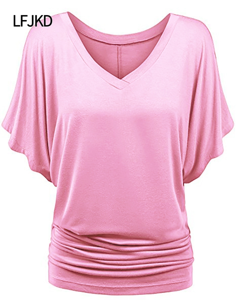 K2282 Batwing Sleeve T-shirt for women, large size, loose V-neck short-sleeved top, popular across the border, comfortable and breathable, multiple si