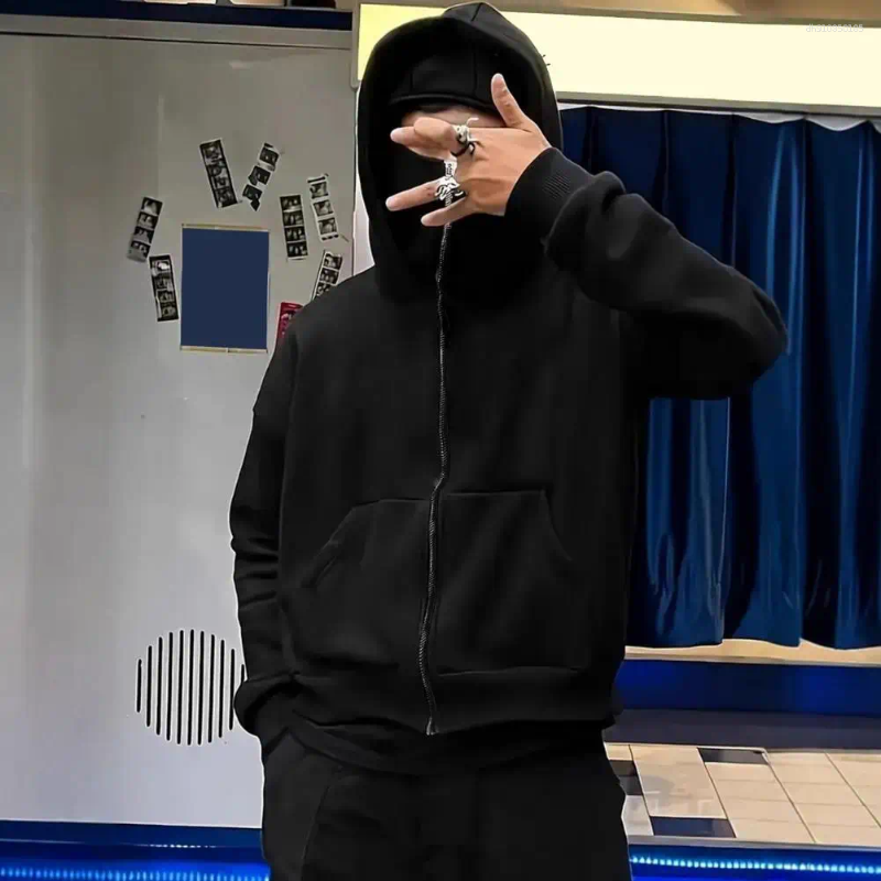 Ozon Men's Hoodies Trendy Solid Color Jacket Hooded Unisex Zip-up Balaclava Hoodie For Winter Outdoor Sports Warm Casual Face Mask Sweatshirt Hip