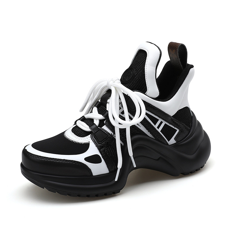 Designer shoes free shipping Thick soled raised leather casual shoes color blocked breathable women's shoes