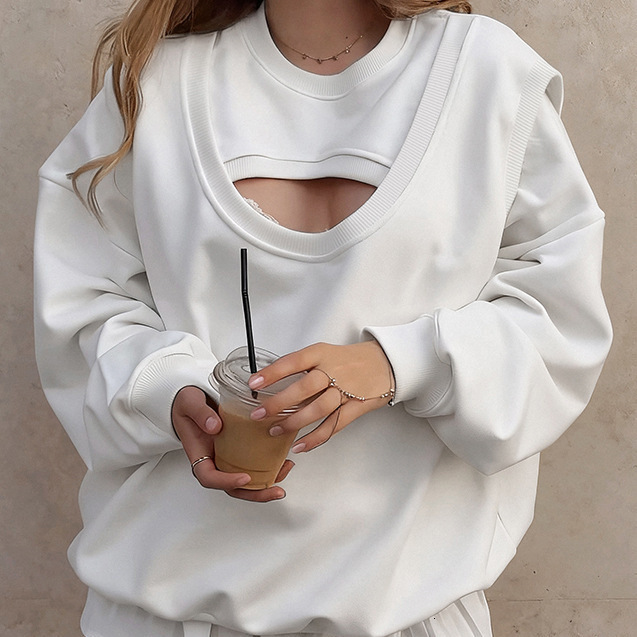 Design Sense Fake TwoPiece Hollow Out Sweatshirt for Women New Loose Fit Niche Lazy Style Top for Spring and Autumn 230131