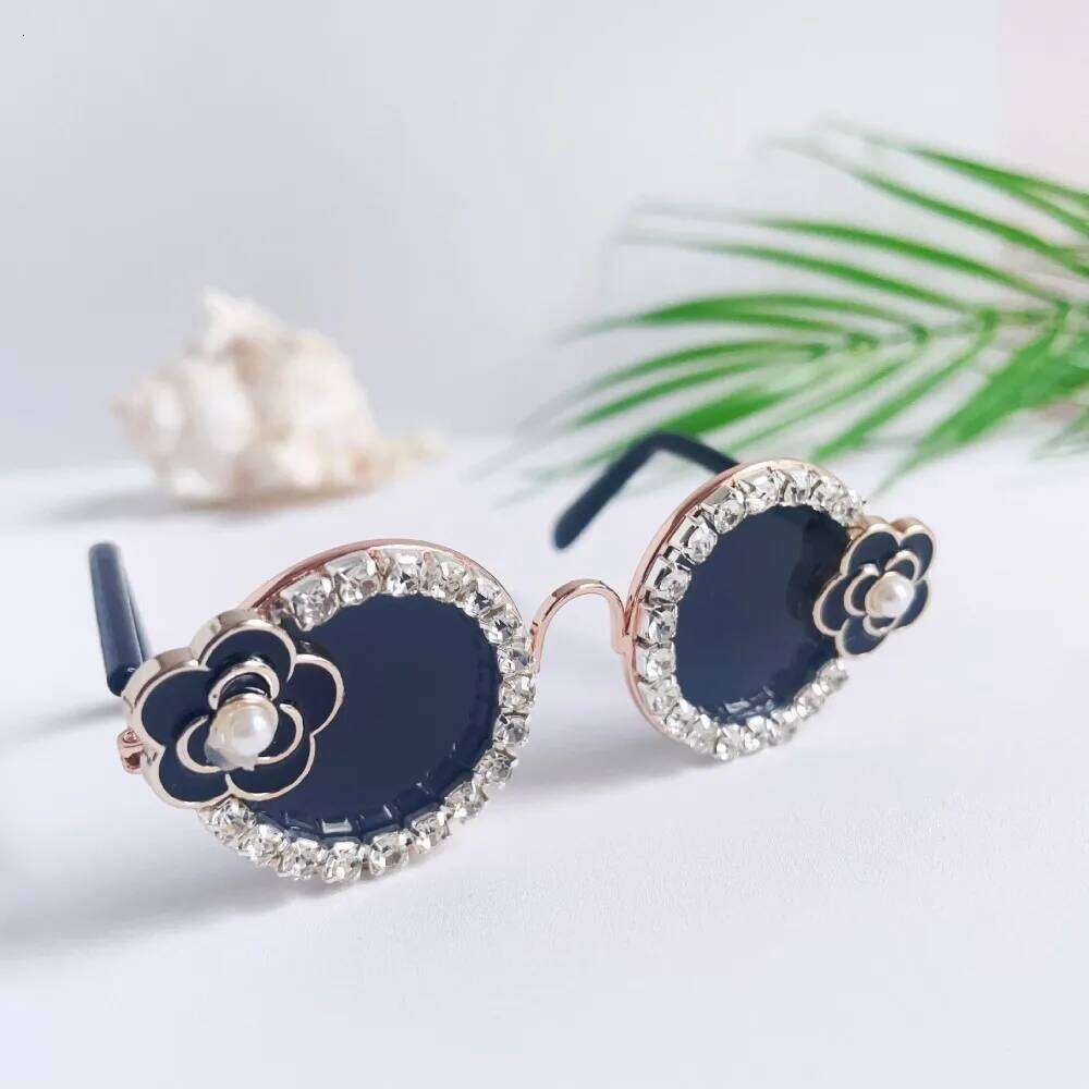Coco Tweed Dog Sunglasses,Pet Sunglasses with Sparkling Rhinestones & Camellia Flower,Fit Tiny Puppy-Chic Outdoor Accessory