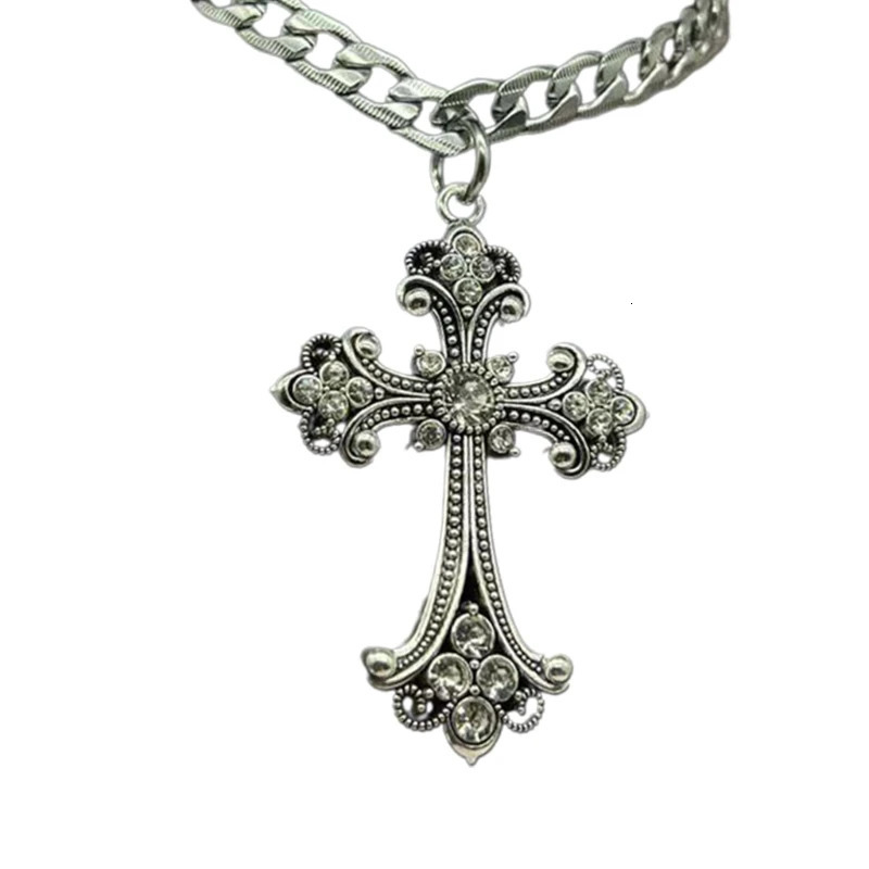 Large Detailed Cross Drill Pendant Necklace Silver Color Tone Gothic Punk Jewellery Fashion Charm Statement Women Girls Gift 250922