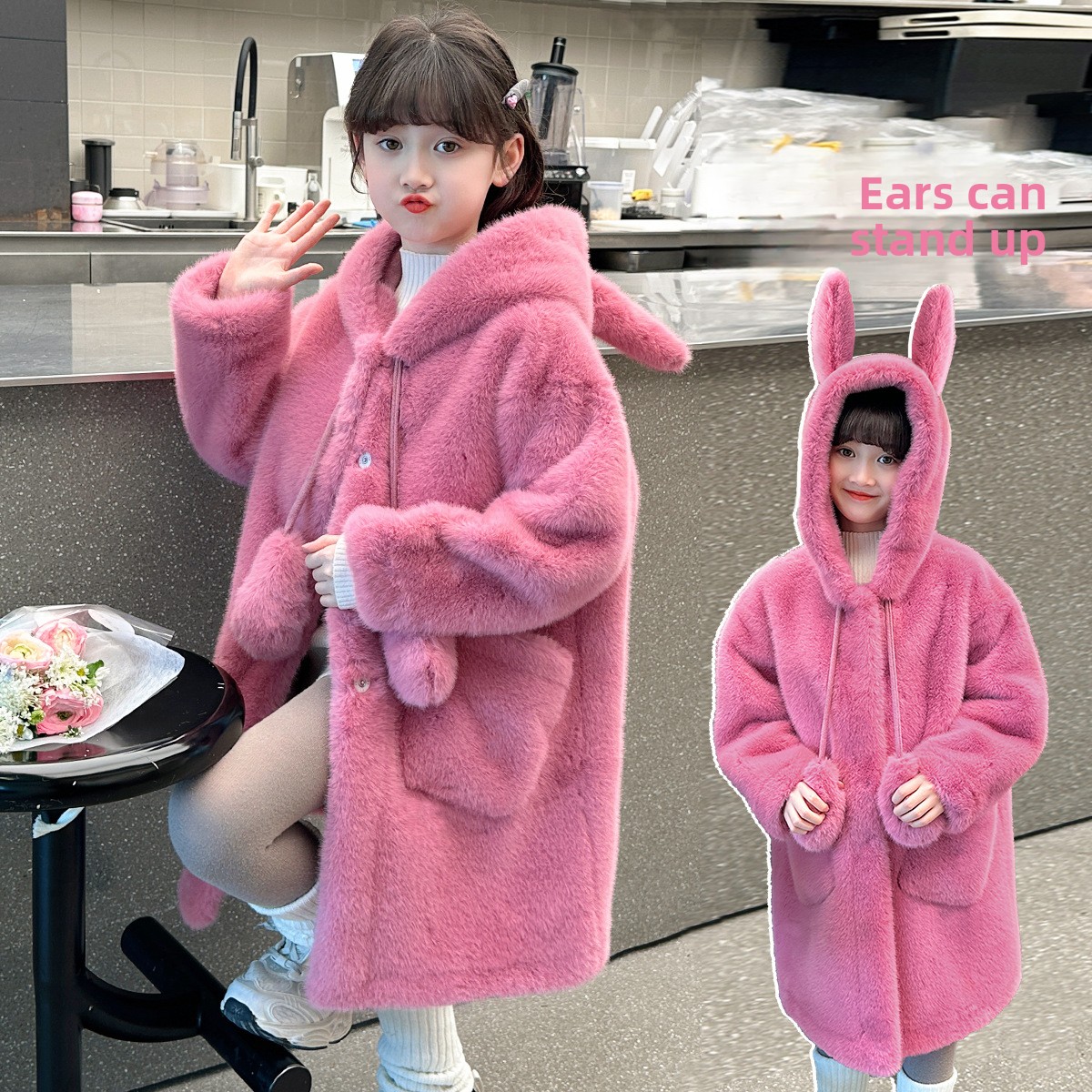 Kids Girls Winter Warm Faux Fur Jacket Imitation Mink Fur Coat Ears can stand upright Girls Warm Hooded Overcoat Thicken Outwear