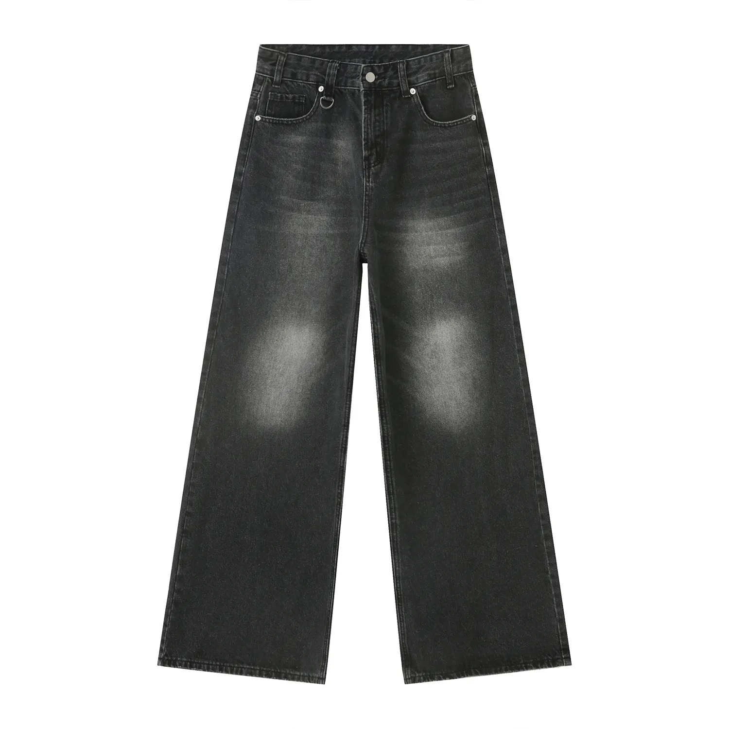 Men's Wide Leg Jeans Vintage Gradient Wash Metal Ring Detail Streetwear Loose Fit Baggy Denim Pants