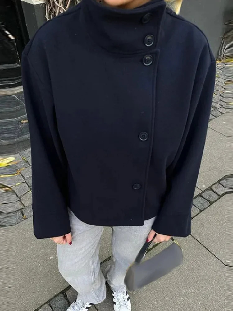 Urban Black Woolen Blend Coats Women Stand Collar Singlebreasted Long Sleeve Thick Warm Jacket Autumn Winter Lady Outwear 250922