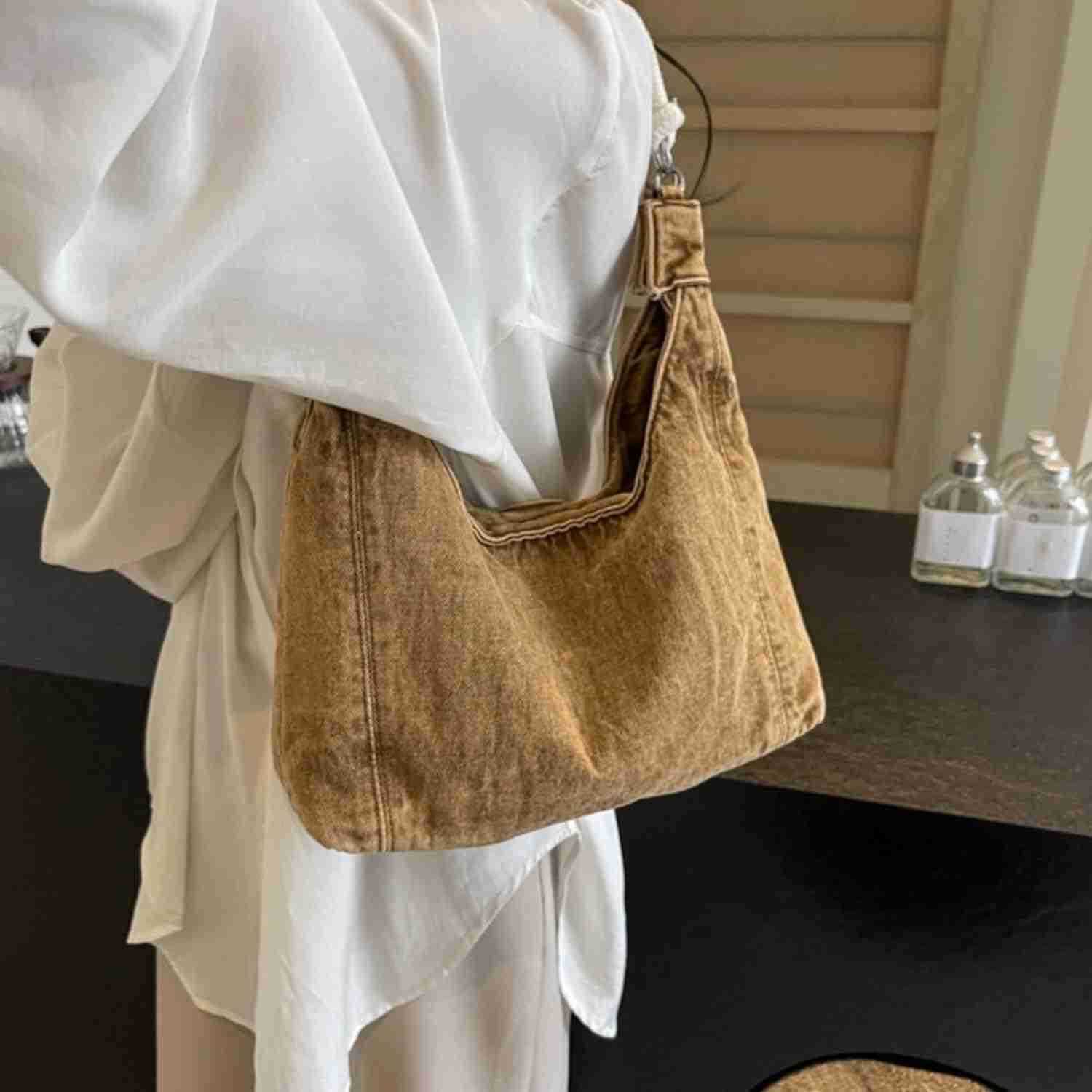 Vintage Denim Tote Handbag for Women Nostalgic Jean Shoulder Bag Purse Casual Top Handle PurseW250930