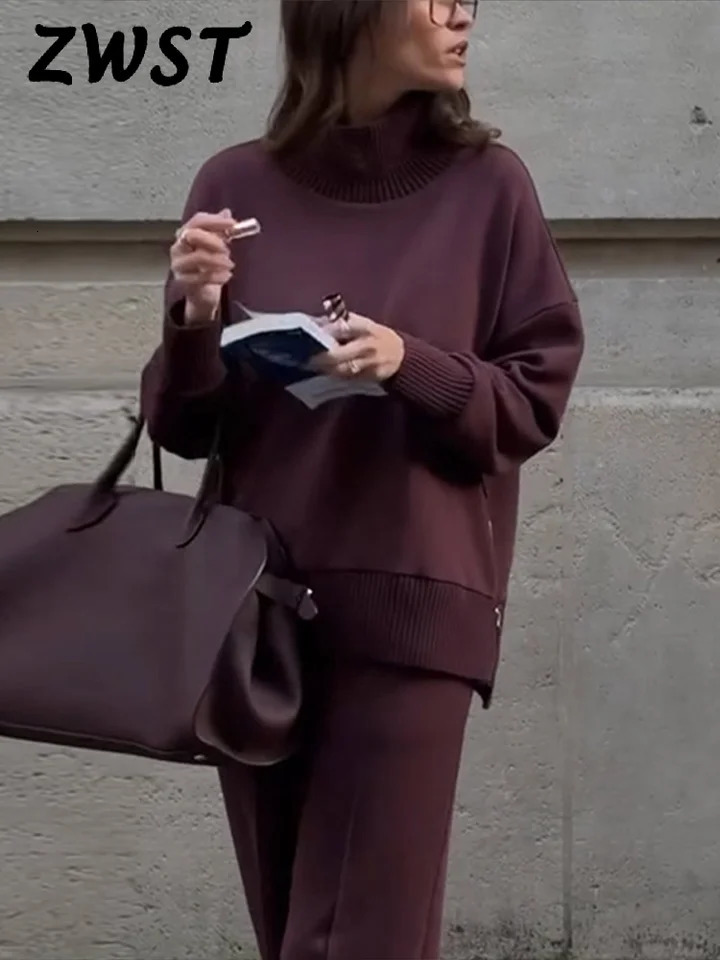 Knitted Solid Women Sweater Set High Waist Wide Leg Lady Pants Sets Elegant Casual Collar Loose Female Pullover Suit 250818wtt