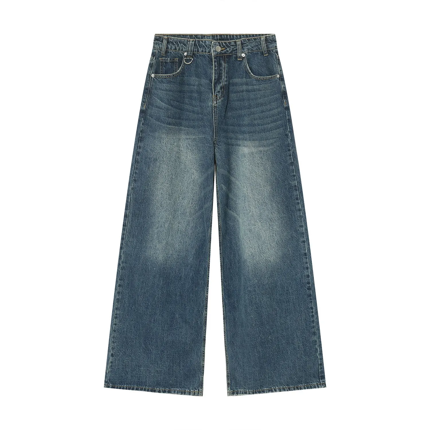 Men's Wide Leg Jeans Vintage Gradient Wash Metal Ring Detail Streetwear Loose Fit Baggy Denim Pants