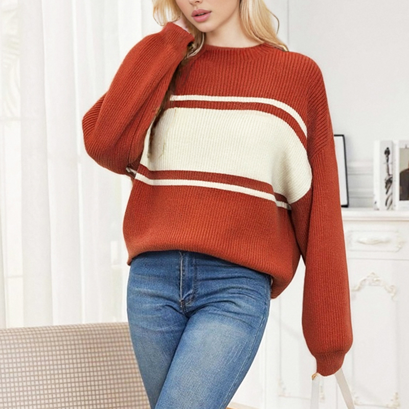 Women's Blouses & Shirts Women's Mock Neck Striped Sweater - Orange Brown & Cream Color Block Loose Batwing Sleeve Pullover, Casual Fall Top