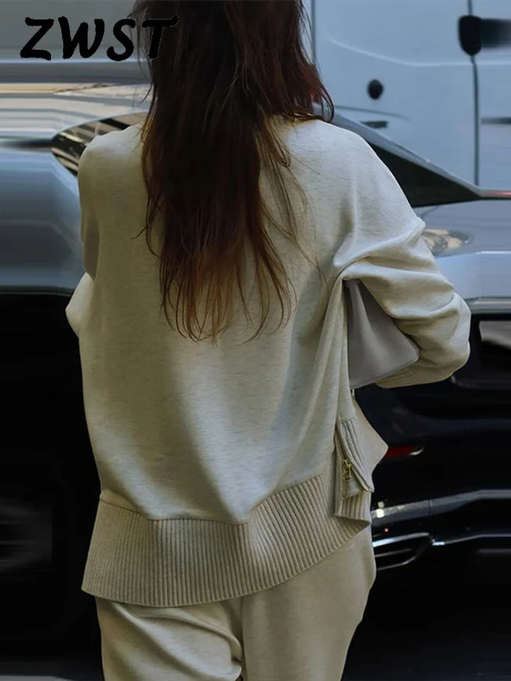 Knitted Solid Women Sweater Set High Waist Wide Leg Lady Pants Sets Elegant Casual Collar Loose Female Pullover Suit 250818wtt