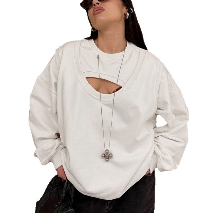 Design Sense Fake TwoPiece Hollow Out Sweatshirt for Women New Loose Fit Niche Lazy Style Top for Spring and Autumn 230131