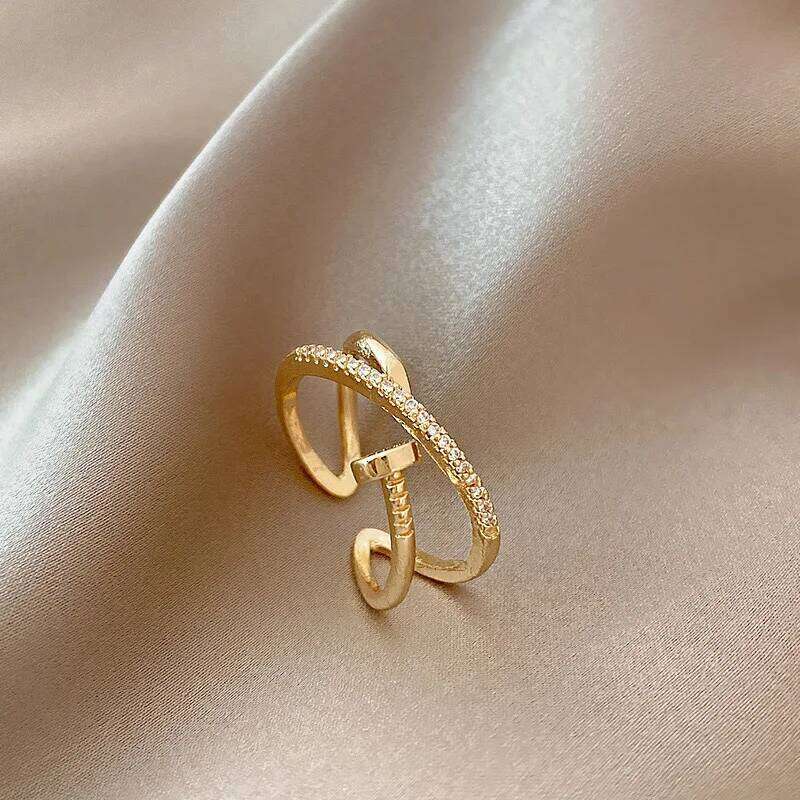 Classic Couple Copper Zirconia Women's Adjustable Ring, Fashion Gold Metal Crystal Needle Ring