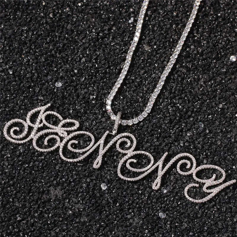 A-Z Custom Name Bubble Letters Necklaces Mens Fashion Hip Hop Jewelry Iced Out Gold Sier Bling CZ Cursive Letter Pendant Necklace with 3mm 24inch Rope