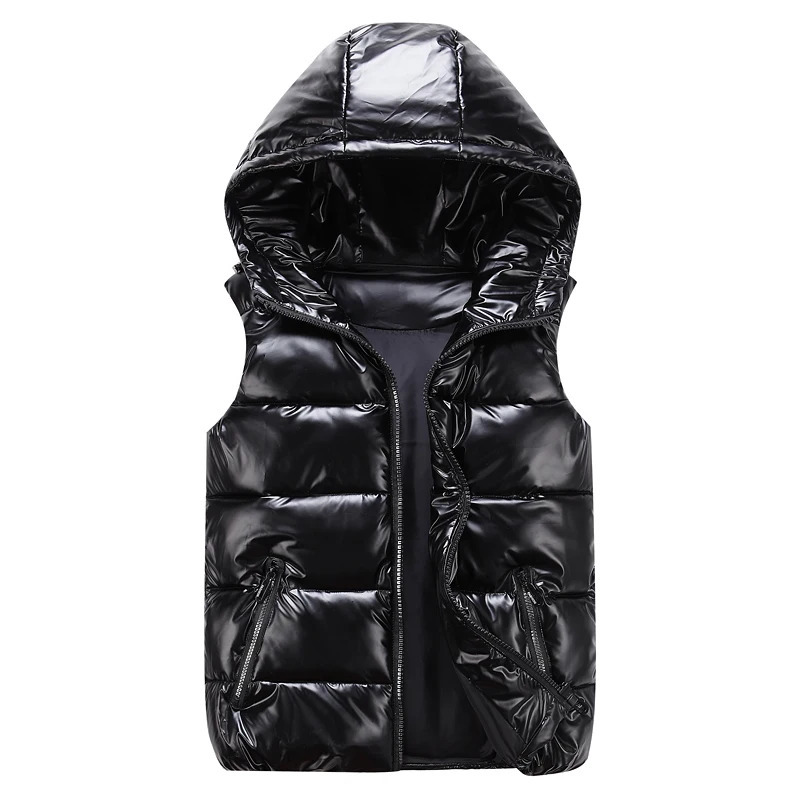 Classic Hooded Vest ManWomanChild Winter Hooded Glossy Cotton Vest Casual Waistcoat Mens Sleeveless Jacket Warm Overcoats Hat 250911