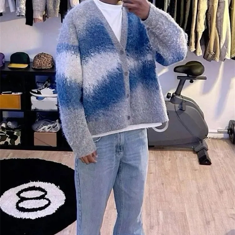 Fashion tie dye cashmere sweater cardigan mens long sleeved single chest knitted jacket autumn thick warm wool 240820