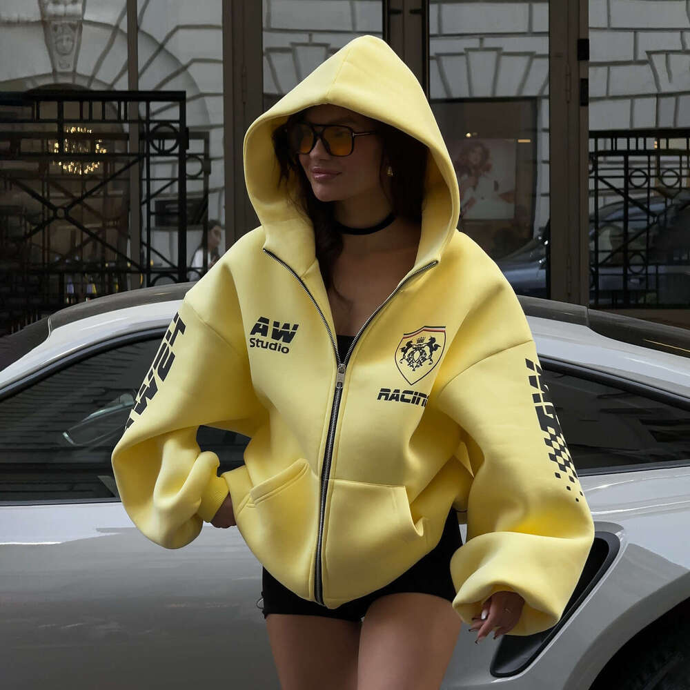 Bestseller American High Style Personalized Printed Zipper Hooded Sweatshirt Jacket For Women Loose Comfortable Warm Street Commuting Versatile Ddmyli