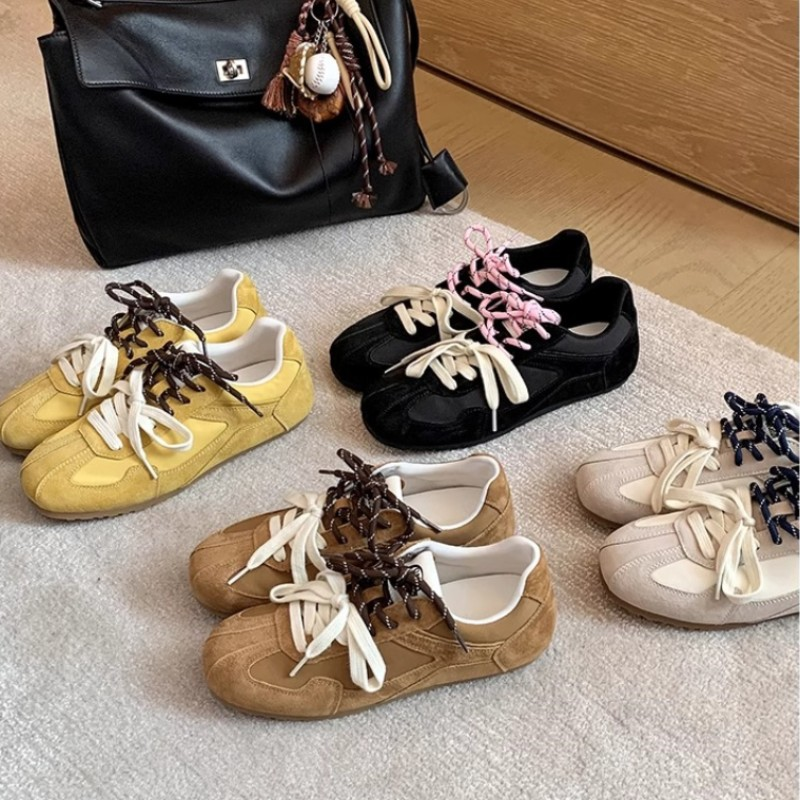 Free shipping 2025 designer matte women's new color blocked round toe flat shoes casual Forrest Gump shoes retro mandarin duck shoelaces German t