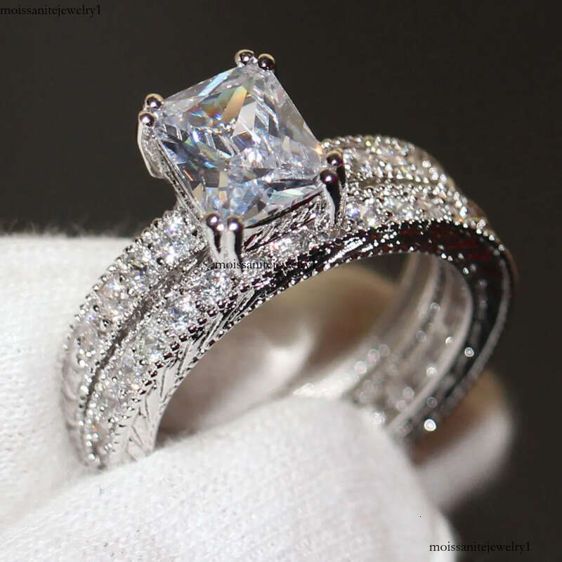 Size 5-10 Vintage Fashion Jewelry 10KT Gold Filled princess Cut 5A White Topaz CZ Dia Retro Women Weding Bridal Band Ring Set Gift