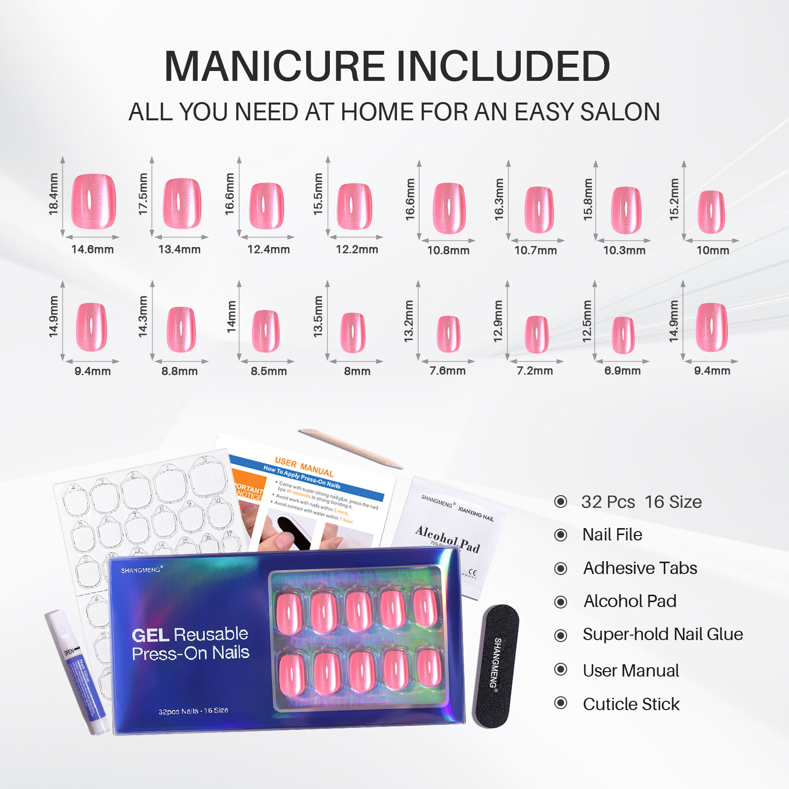 baby powder nail press short style soft rubber square suitable for womens gifts 16 sizes of glossy rubber nails 32 reusable fake nail sets with glue c