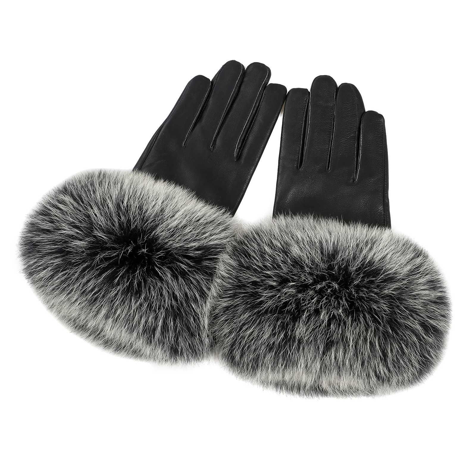 BOONJOVIA Women Genuine Lambskin Leather Gloves With Real Fox Fur Trim Cuff Winter Warm Driving GlovesVelvet Lined C250930